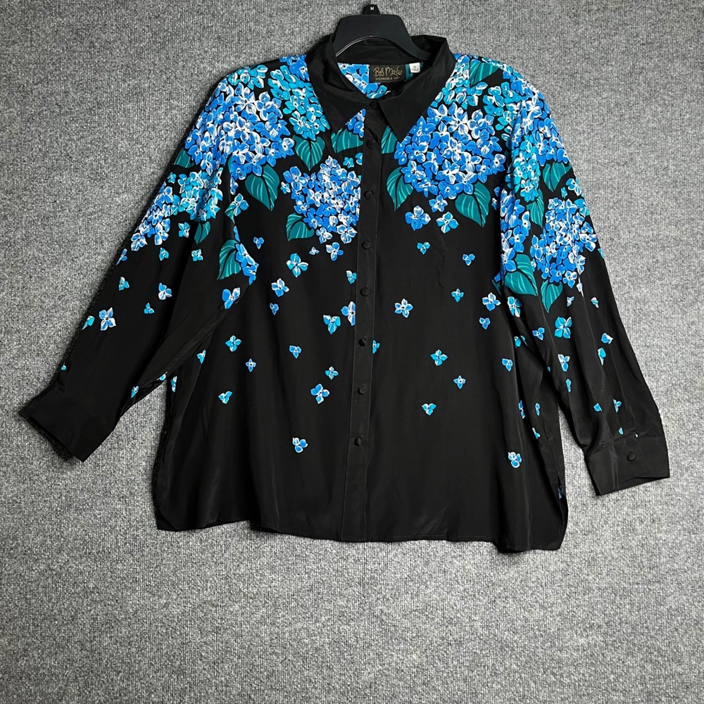 Bob Mackie Wearable Art 100% Silk Floral Hydrangea Button Down Shirt Black 3X